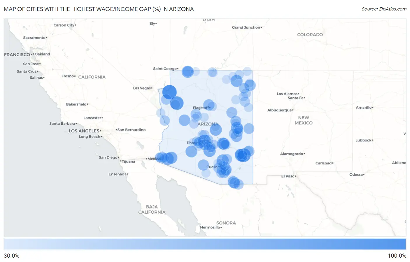 Cities with the Highest Wage/Income Gap (%) in Arizona Map