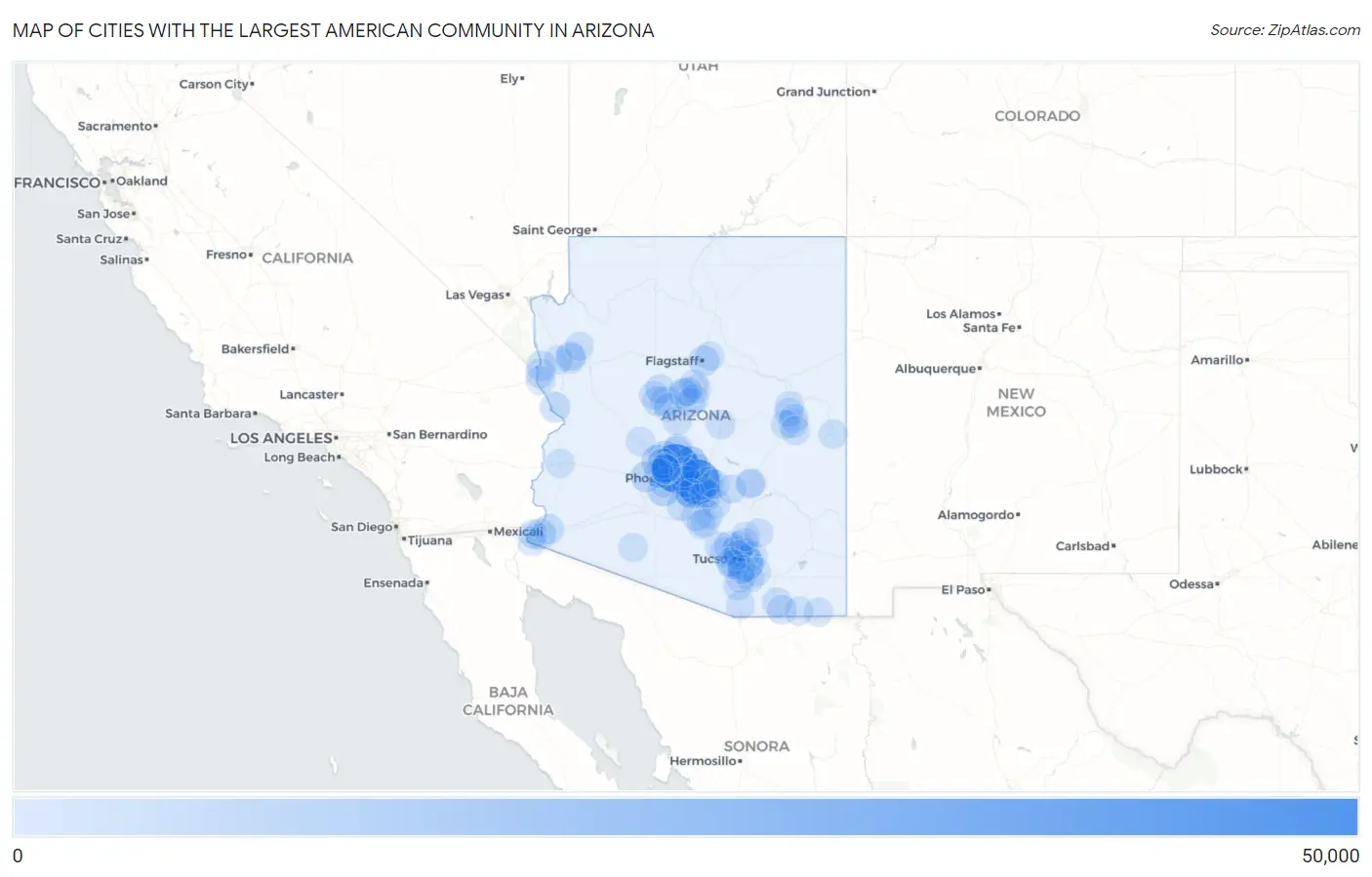 Cities with the Largest American Community in Arizona Map