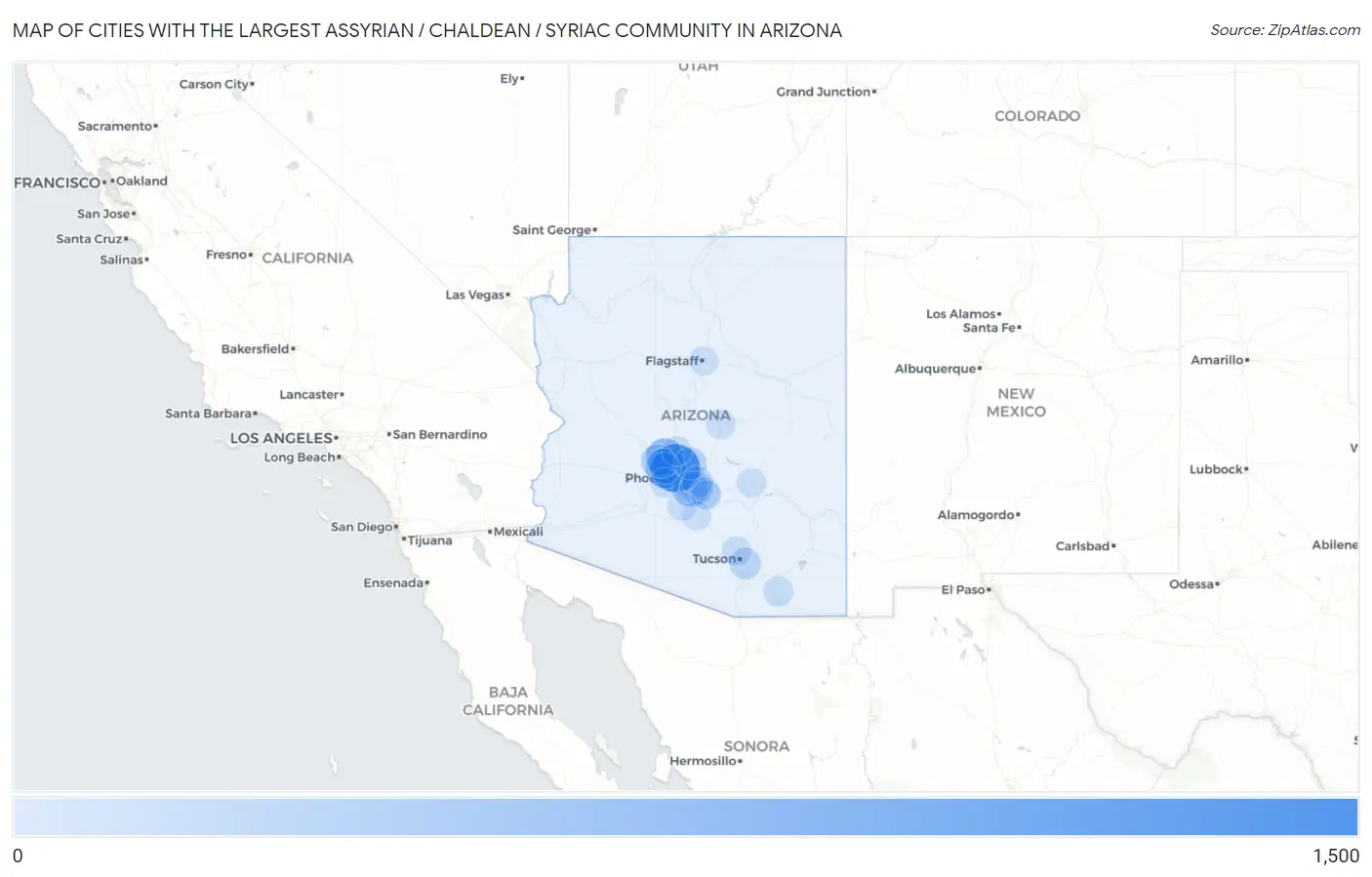 Cities with the Largest Assyrian / Chaldean / Syriac Community in Arizona Map