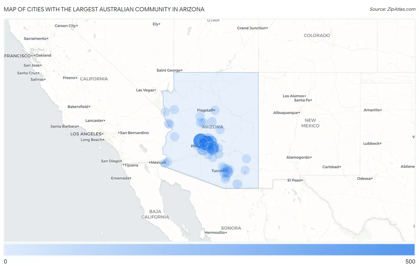 Cities with the Largest Australian Community in Arizona Map