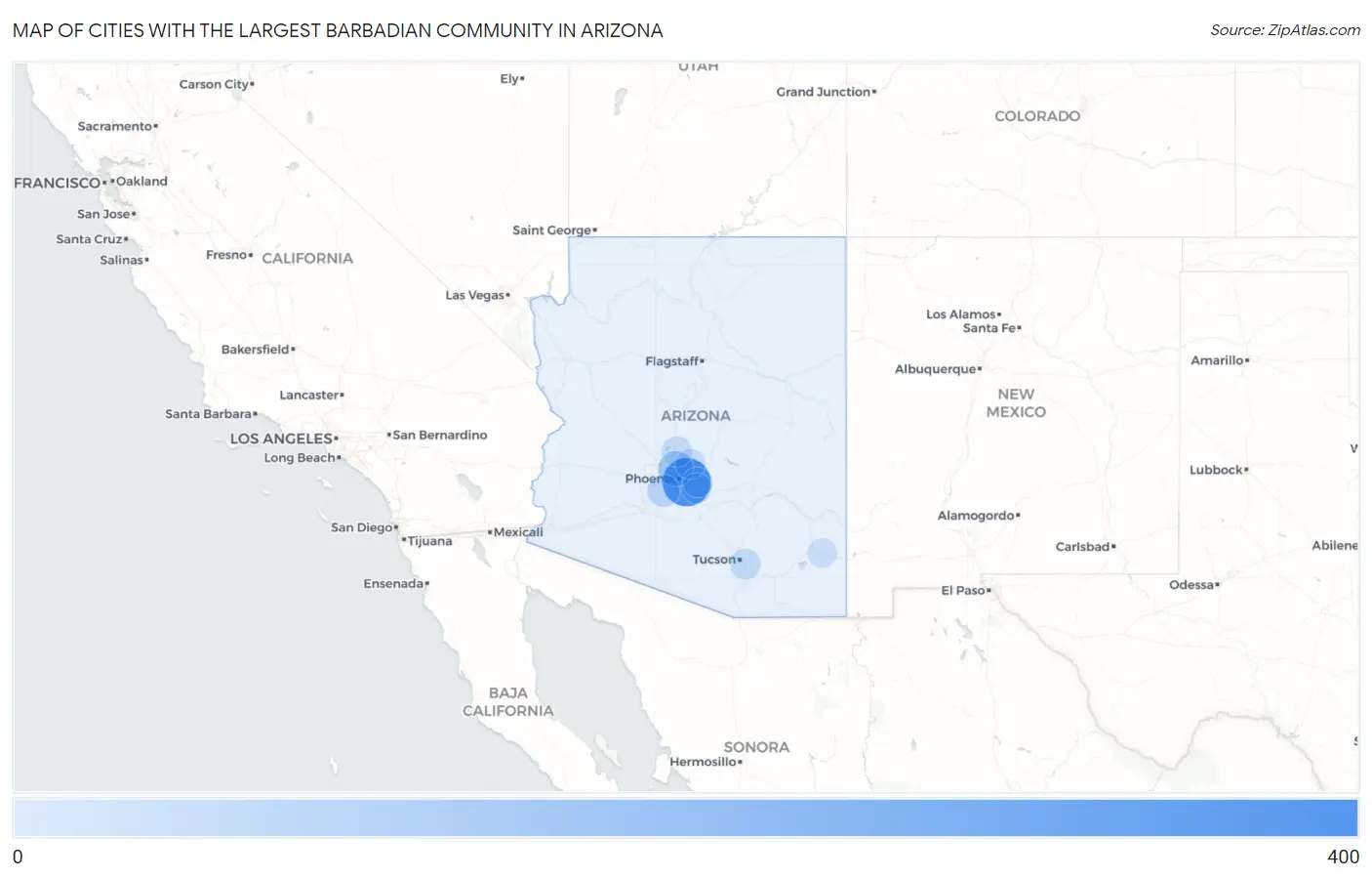 Cities with the Largest Barbadian Community in Arizona Map