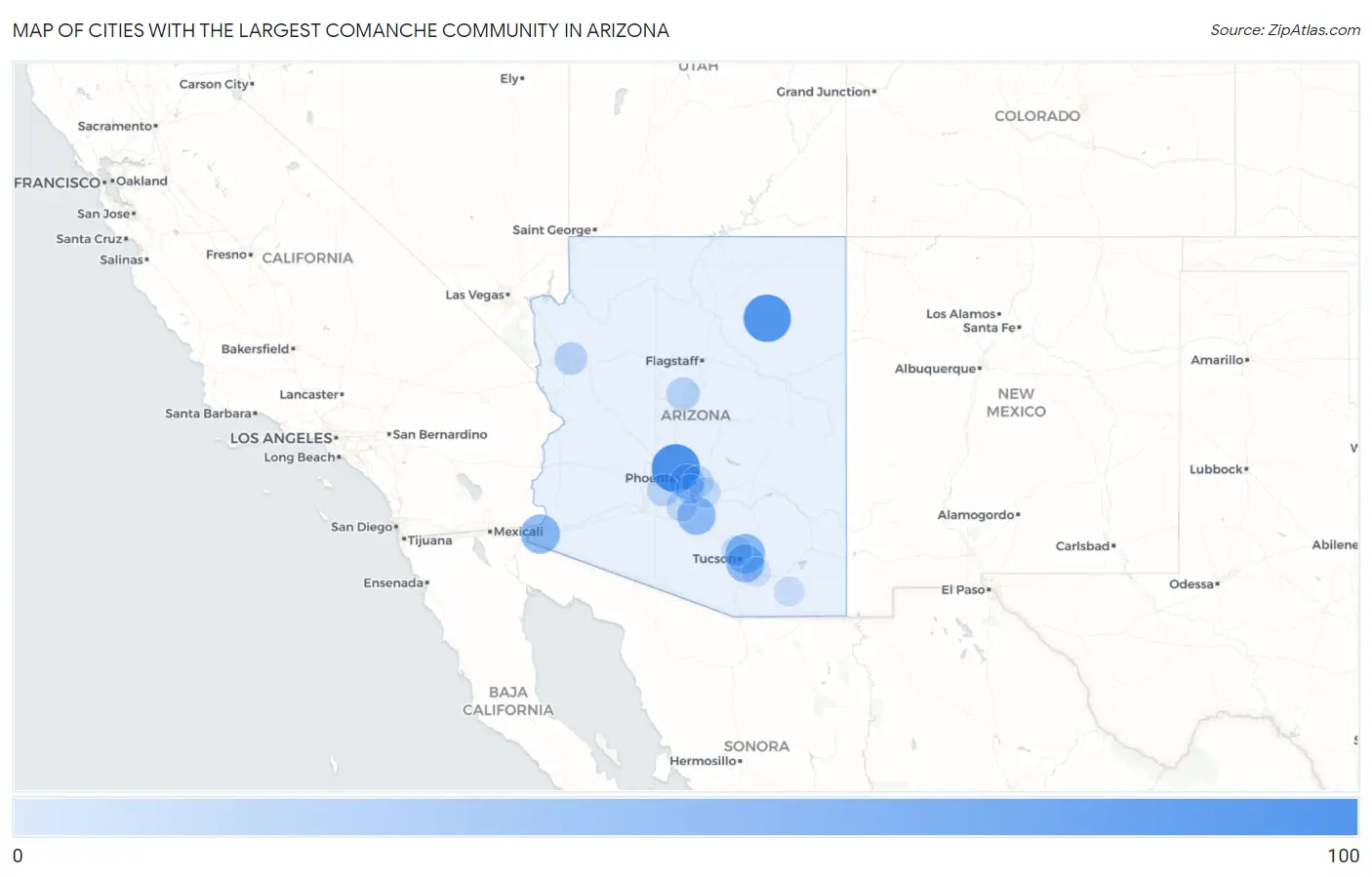 Cities with the Largest Comanche Community in Arizona Map