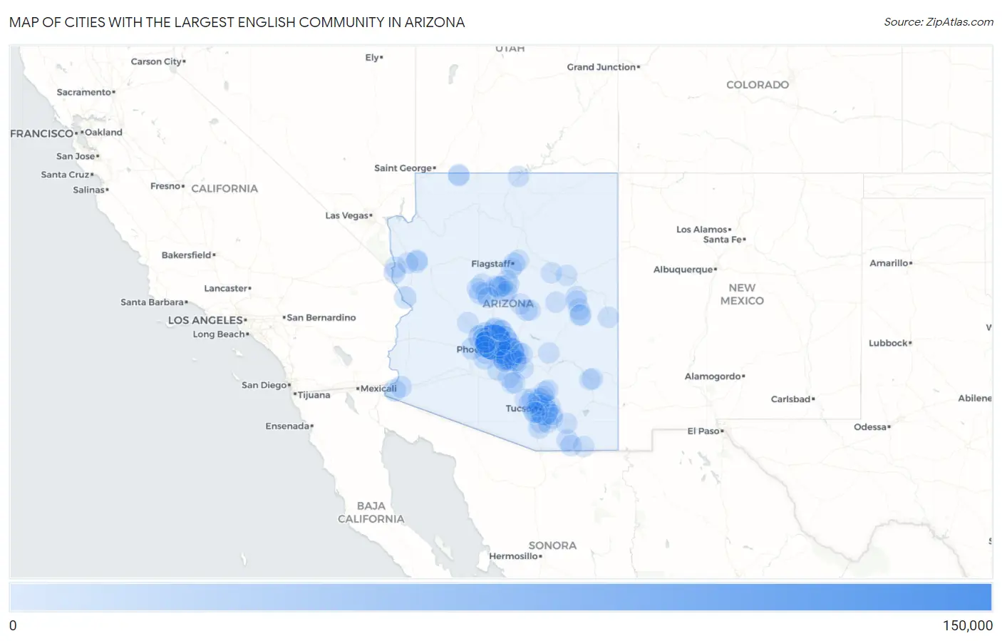 Cities with the Largest English Community in Arizona Map