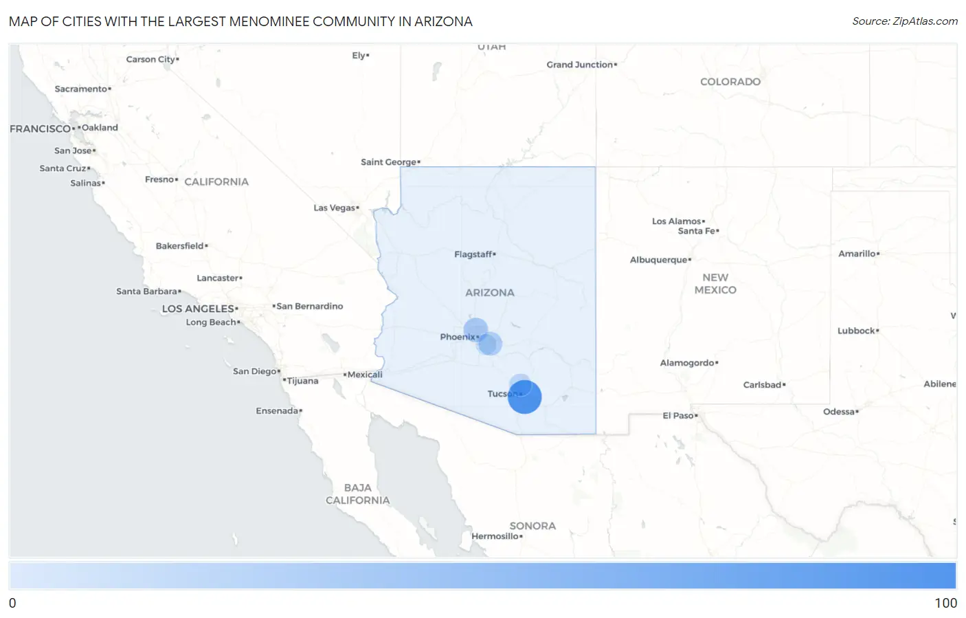 Cities with the Largest Menominee Community in Arizona Map
