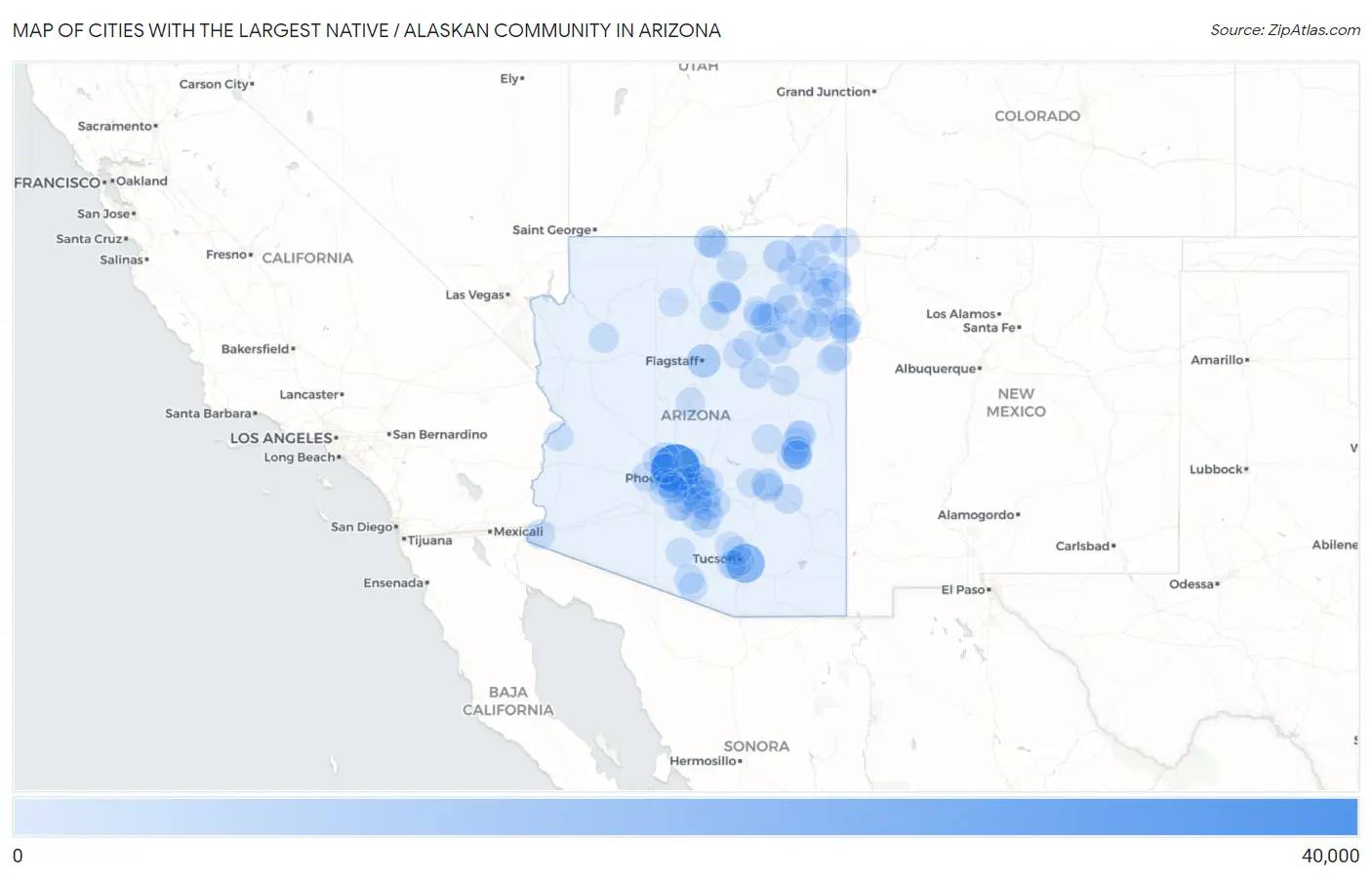 Cities with the Largest Native / Alaskan Community in Arizona Map