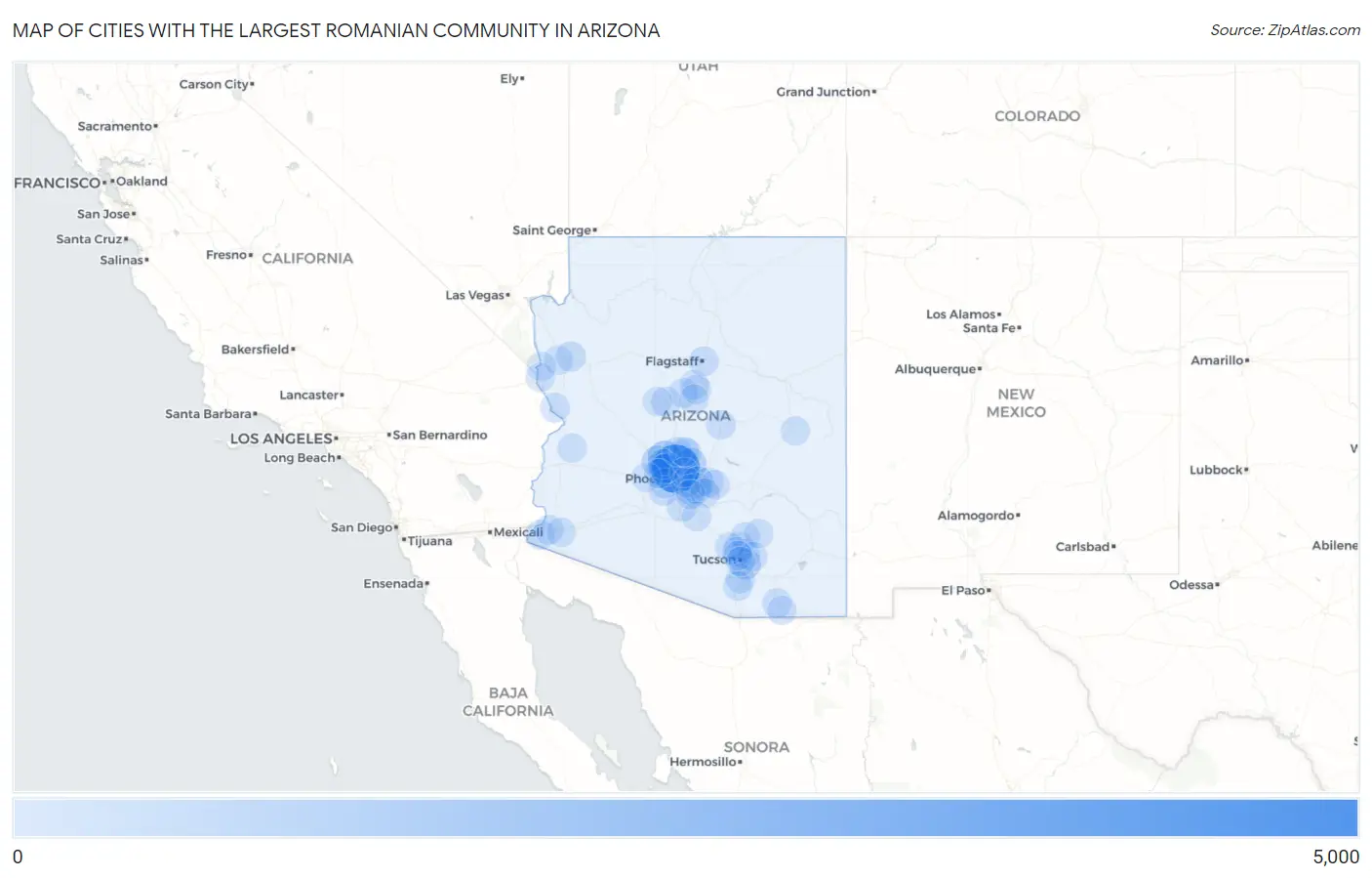 Cities with the Largest Romanian Community in Arizona Map