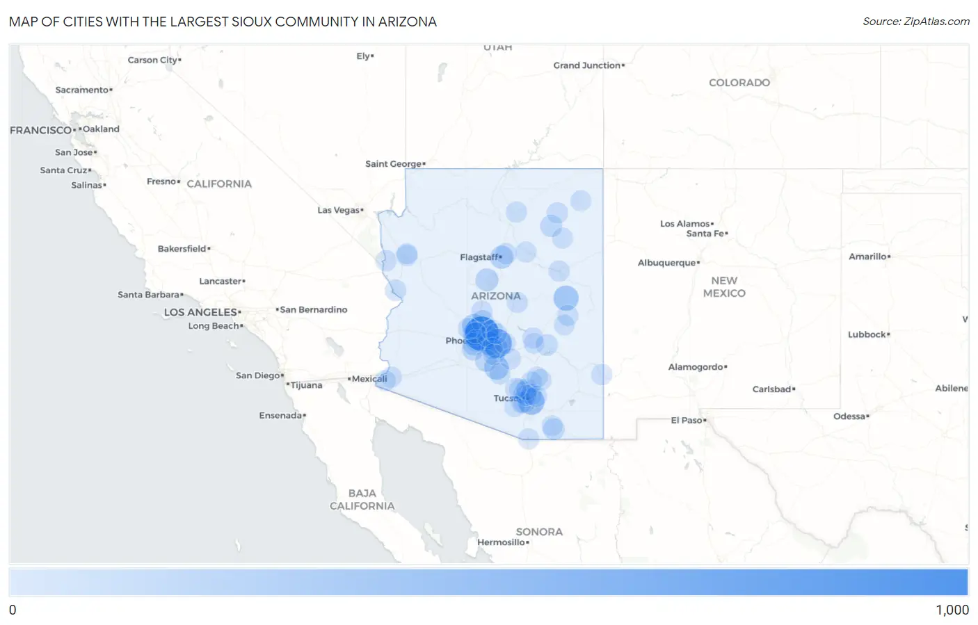 Cities with the Largest Sioux Community in Arizona Map