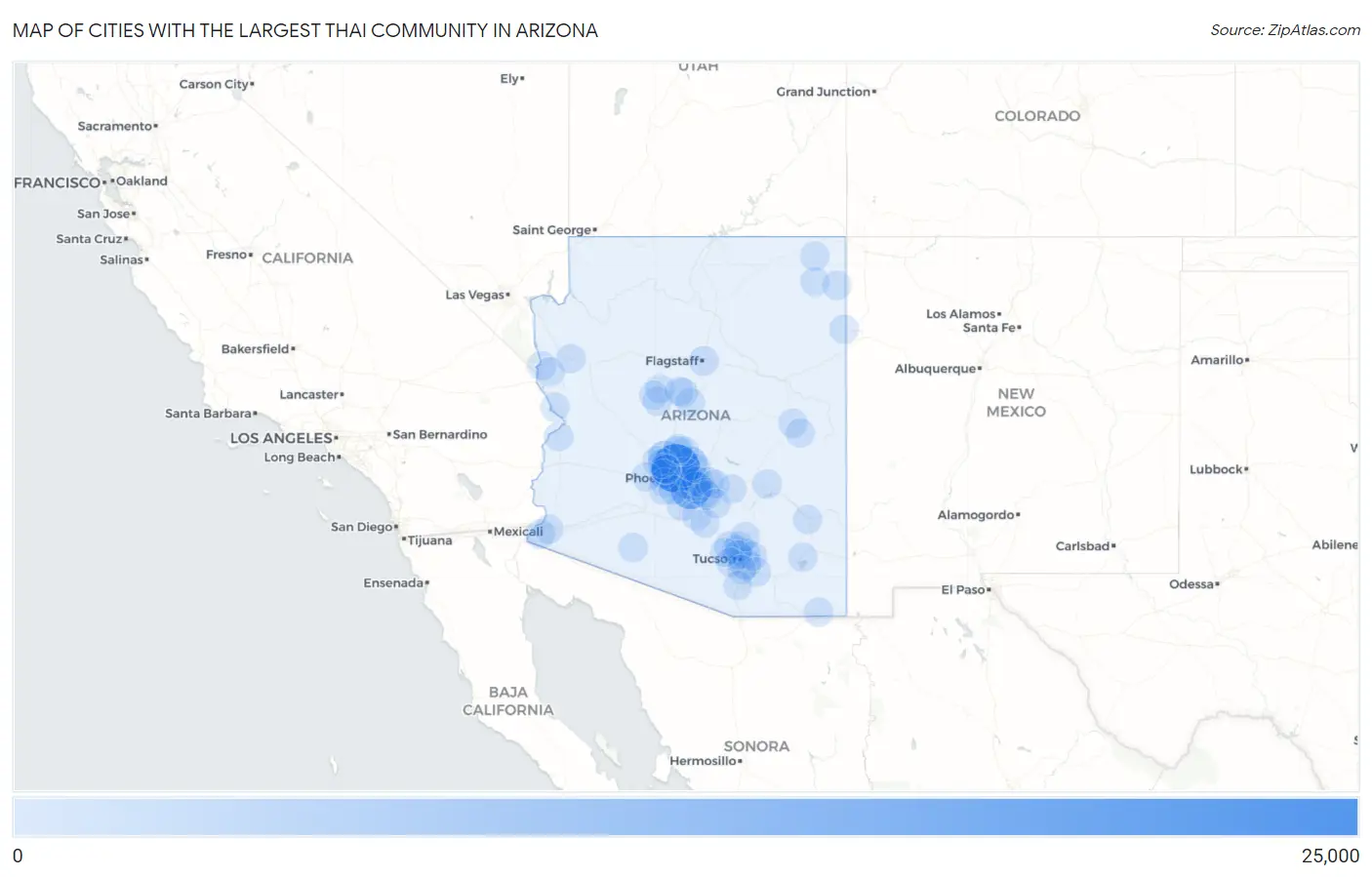 Cities with the Largest Thai Community in Arizona Map