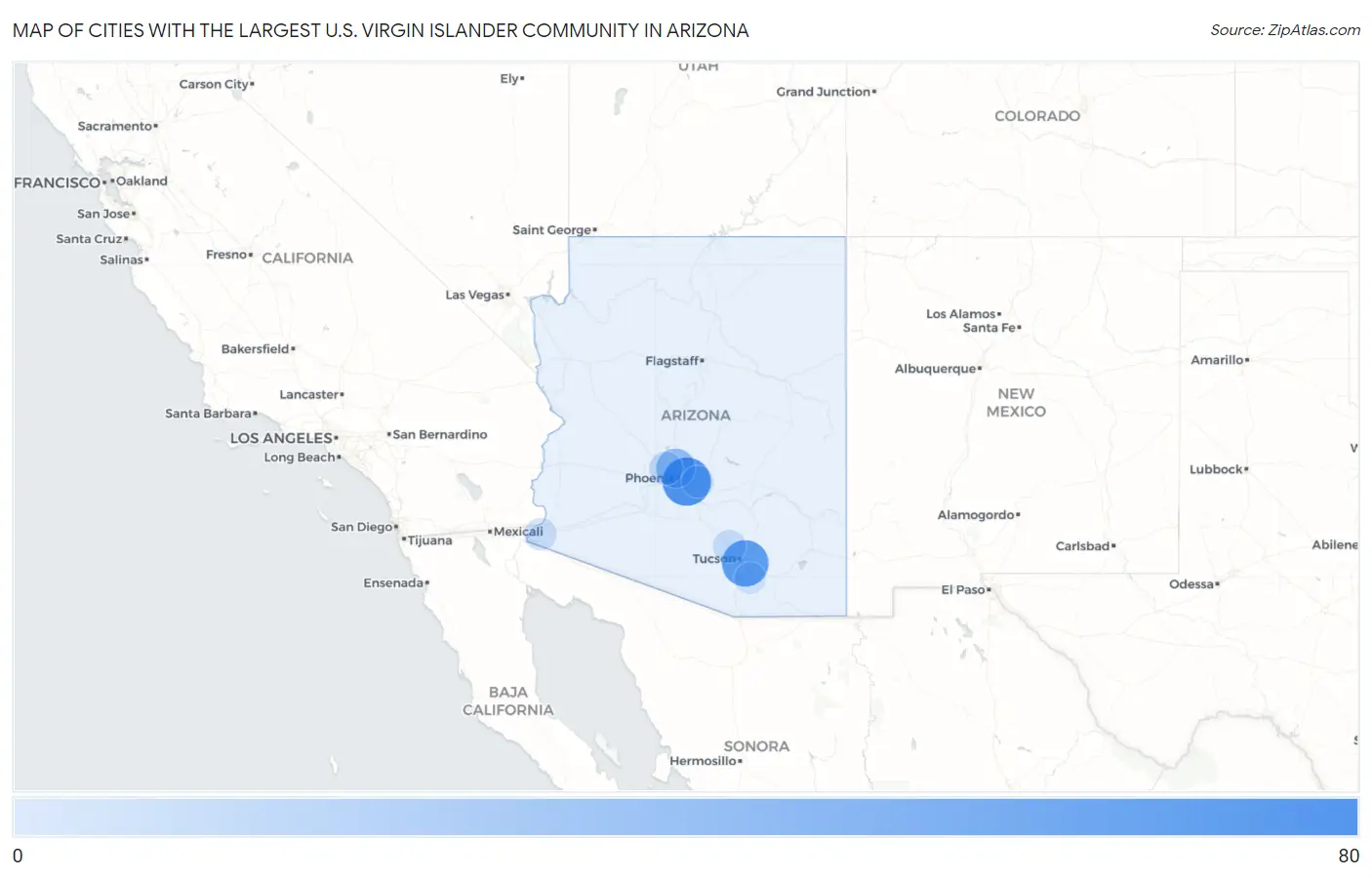Cities with the Largest U.S. Virgin Islander Community in Arizona Map