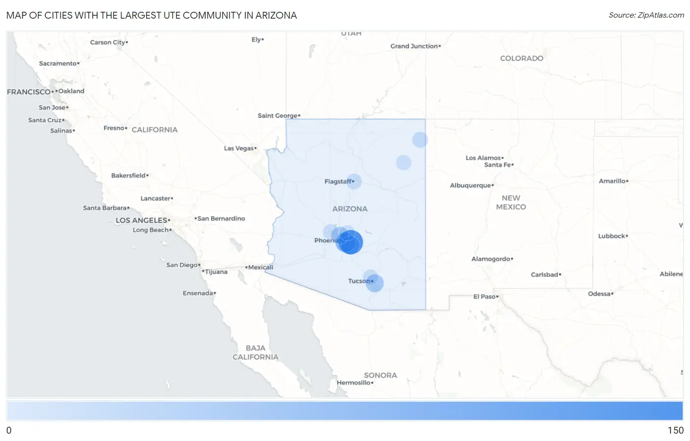 Cities with the Largest Ute Community in Arizona Map