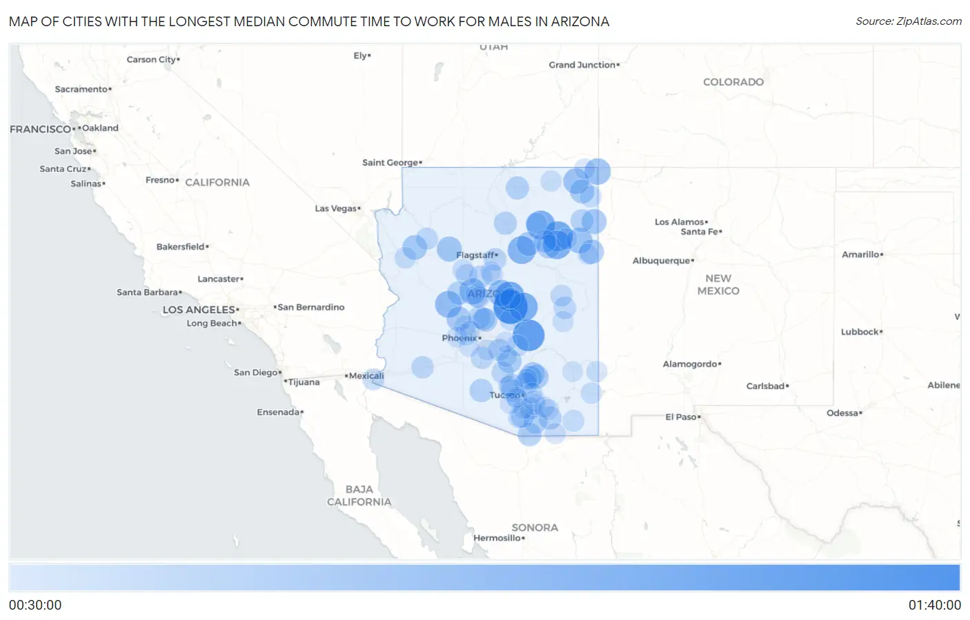 Cities with the Longest Median Commute Time to Work for Males in Arizona Map