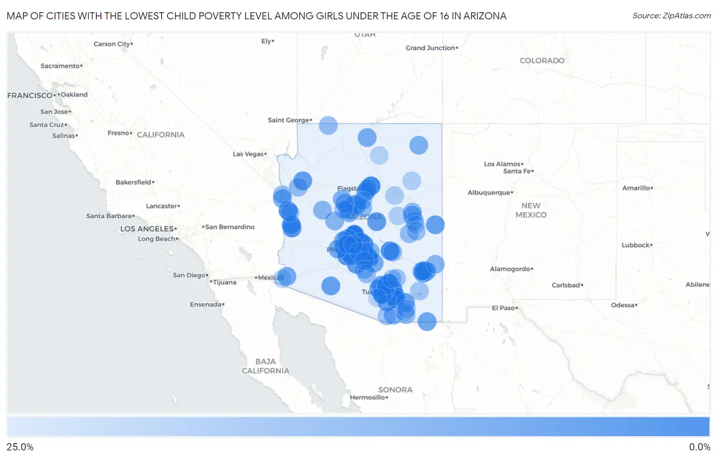 Cities with the Lowest Child Poverty Level Among Girls Under the Age of 16 in Arizona Map