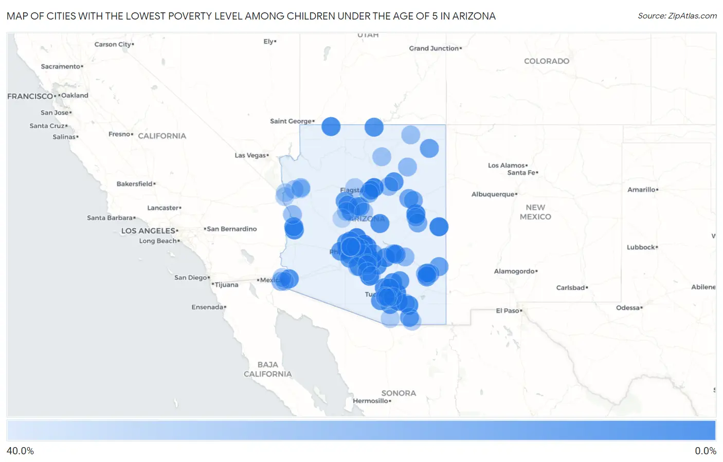 Cities with the Lowest Poverty Level Among Children Under the Age of 5 in Arizona Map