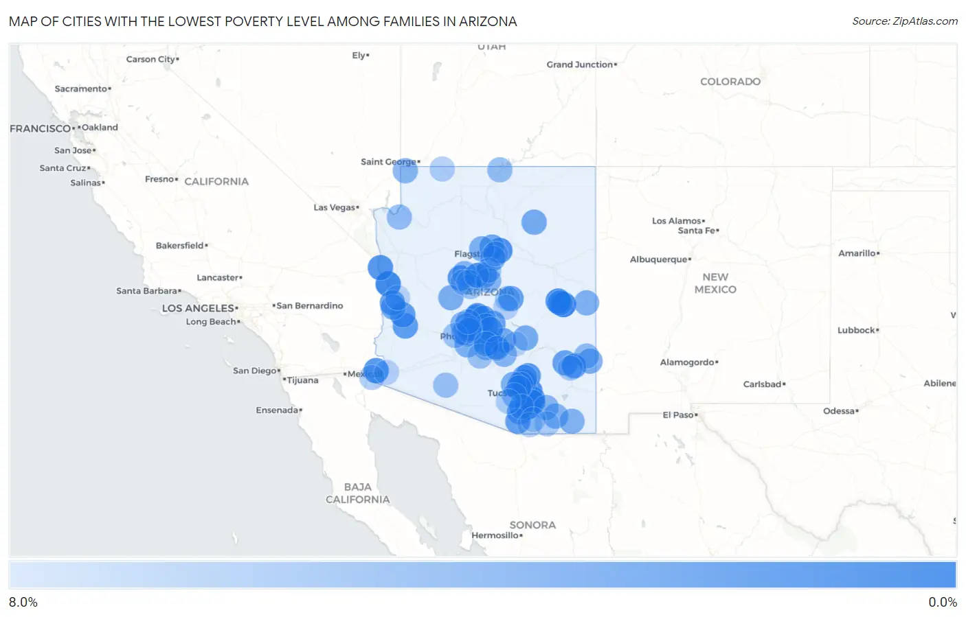 Cities with the Lowest Poverty Level Among Families in Arizona Map