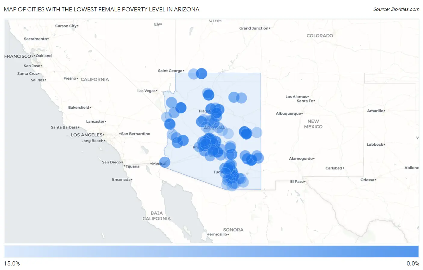 Cities with the Lowest Female Poverty Level in Arizona Map