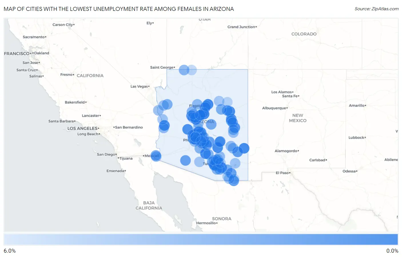 Cities with the Lowest Unemployment Rate Among Females in Arizona Map