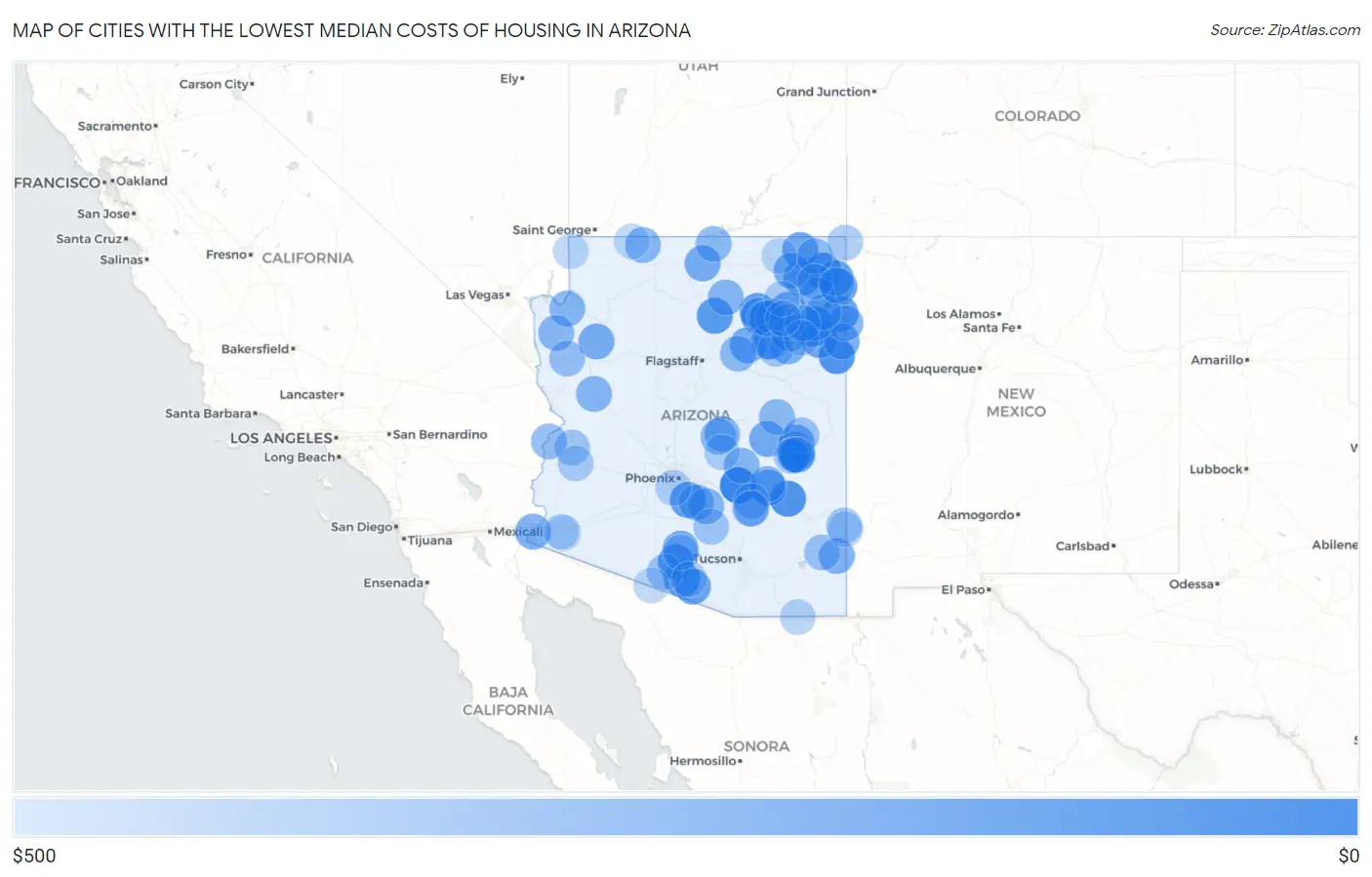 Cities with the Lowest Median Costs of Housing in Arizona Map