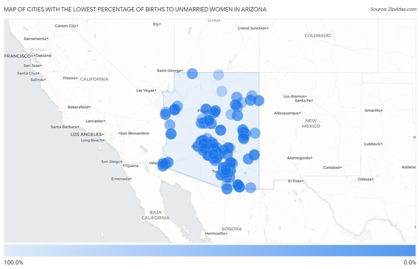 Cities with the Lowest Percentage of Births to Unmarried Women in Arizona Map