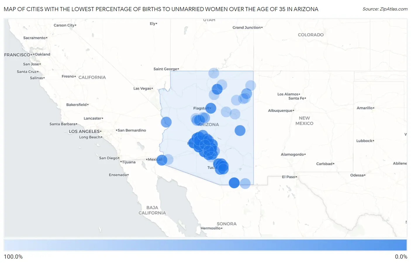 Cities with the Lowest Percentage of Births to Unmarried Women over the Age of 35 in Arizona Map