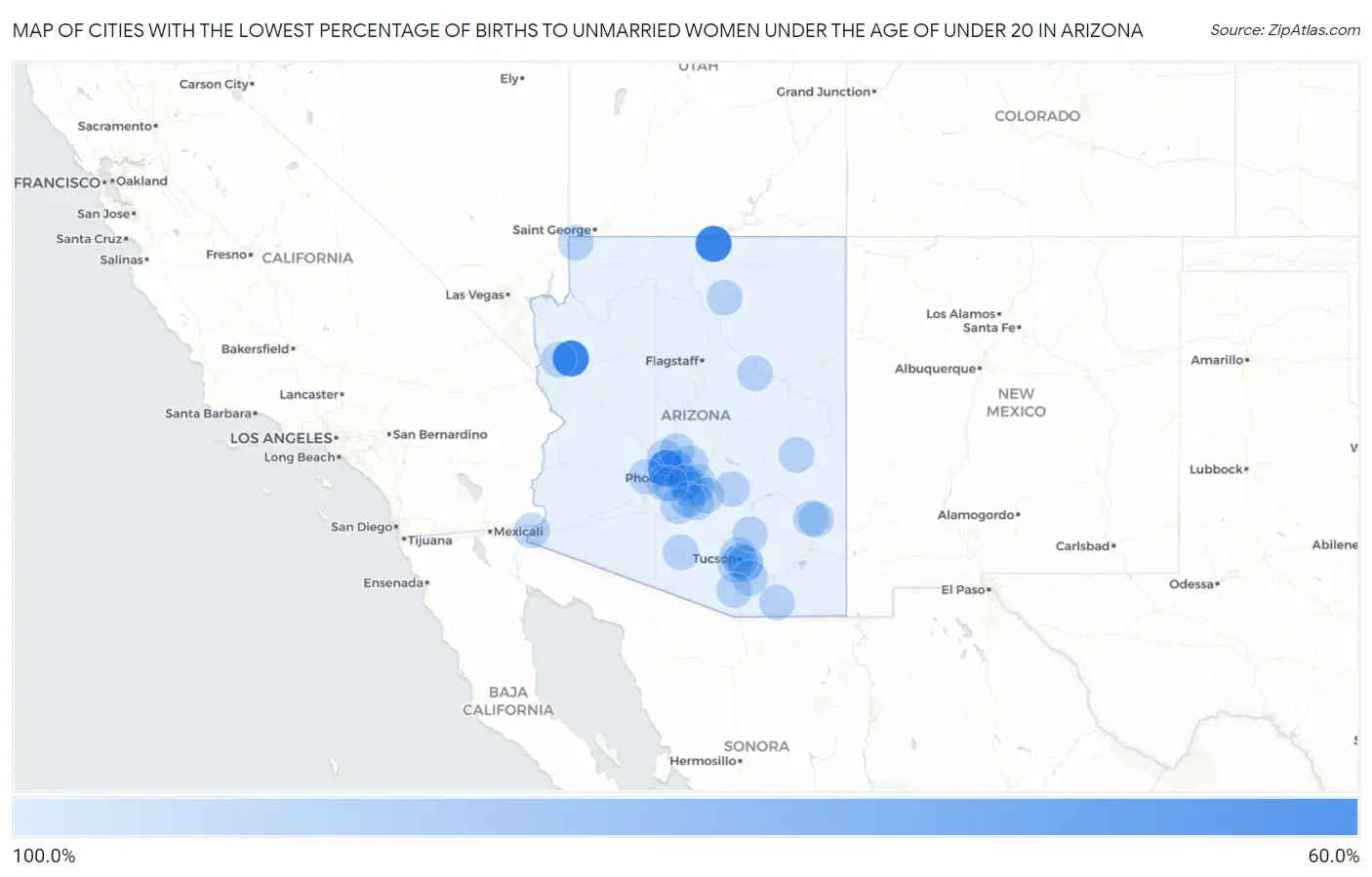 Cities with the Lowest Percentage of Births to Unmarried Women under the Age of under 20 in Arizona Map
