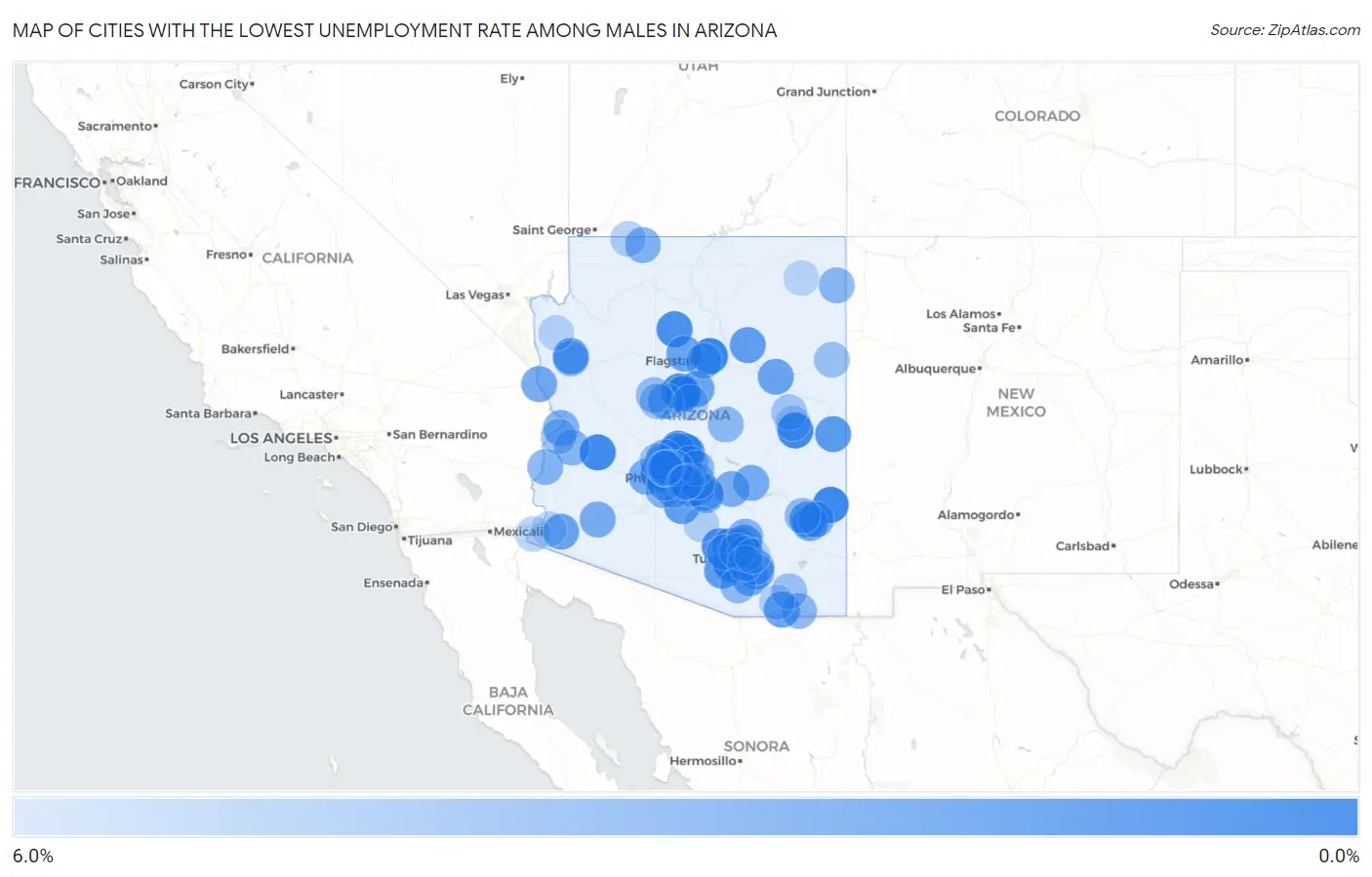 Cities with the Lowest Unemployment Rate Among Males in Arizona Map