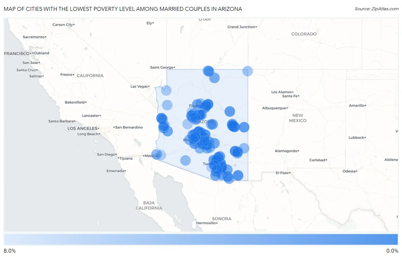 Cities with the Lowest Poverty Level Among Married Couples in Arizona Map