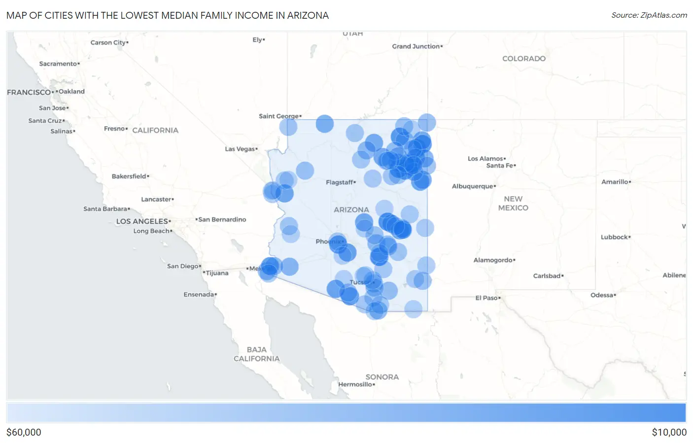 Cities with the Lowest Median Family Income in Arizona Map