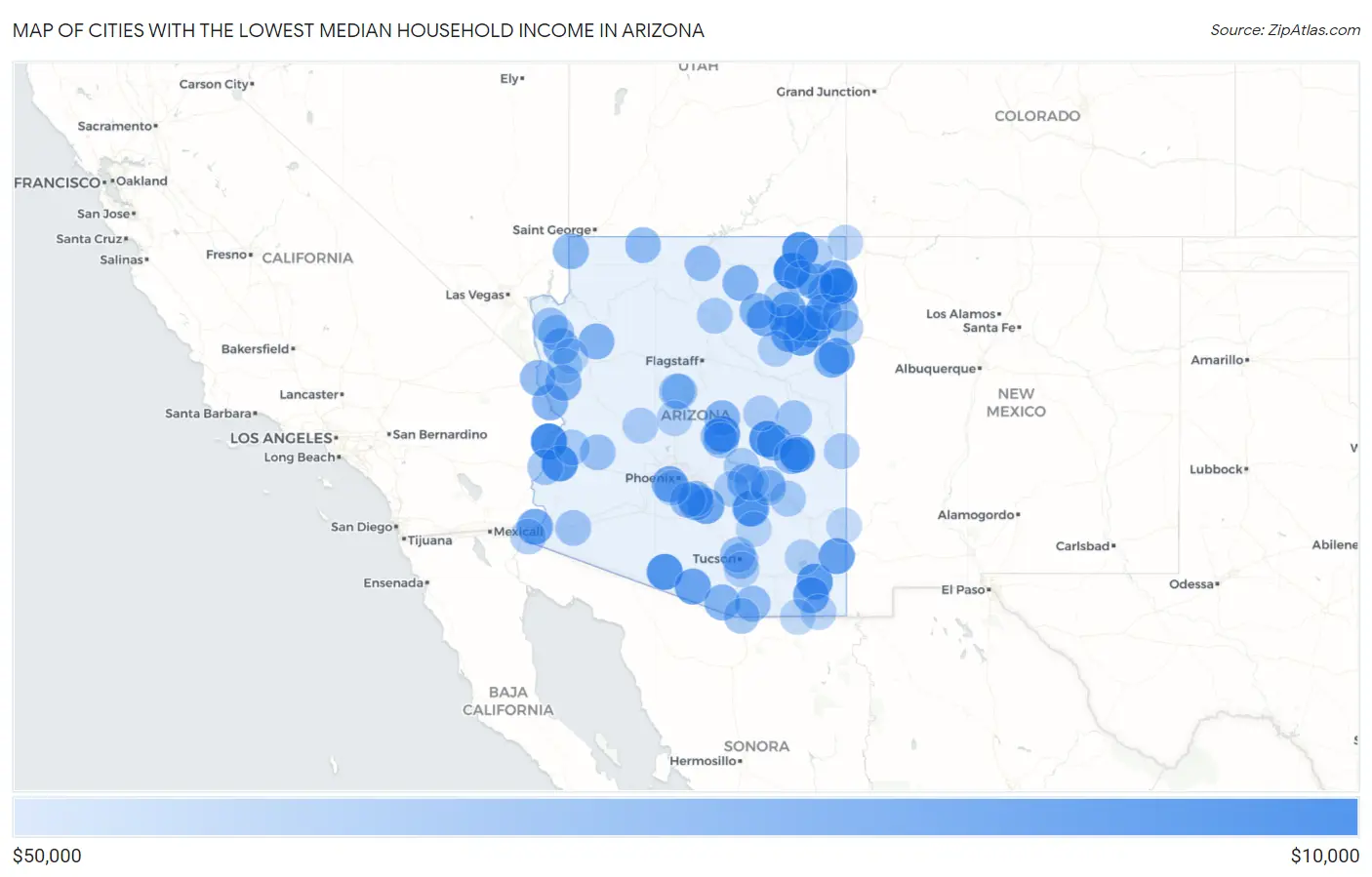 Cities with the Lowest Median Household Income in Arizona Map