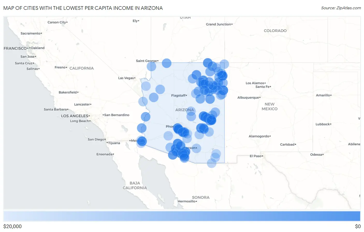 Cities with the Lowest Per Capita Income in Arizona Map