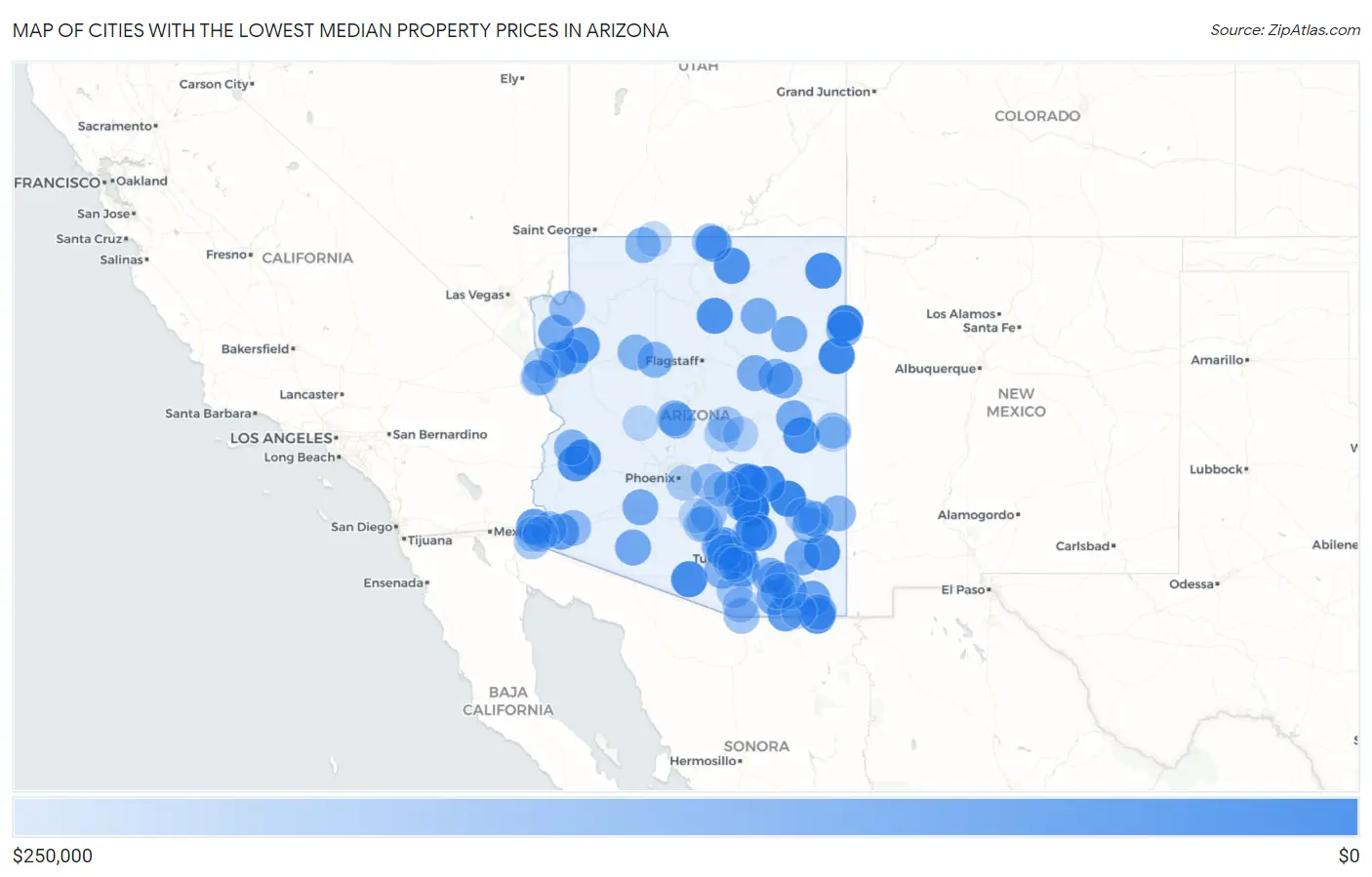 Cities with the Lowest Median Property Prices in Arizona Map