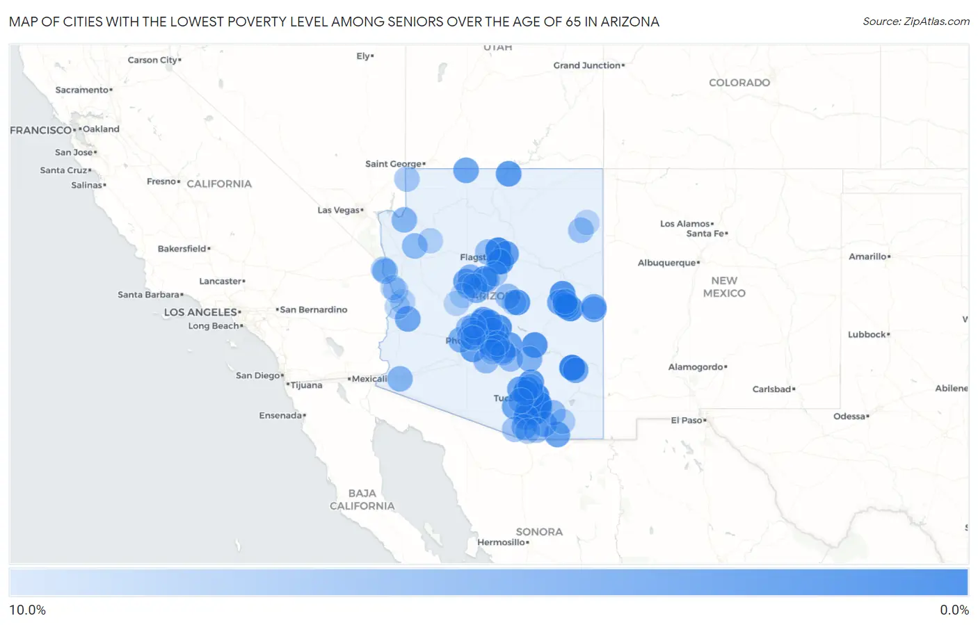 Cities with the Lowest Poverty Level Among Seniors Over the Age of 65 in Arizona Map
