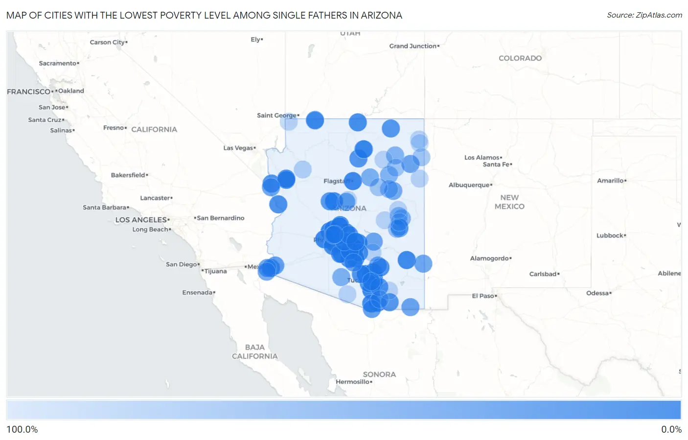 Cities with the Lowest Poverty Level Among Single Fathers in Arizona Map