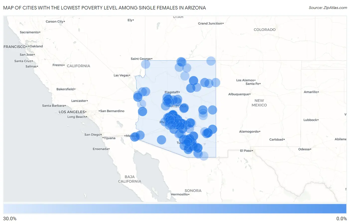 Cities with the Lowest Poverty Level Among Single Females in Arizona Map