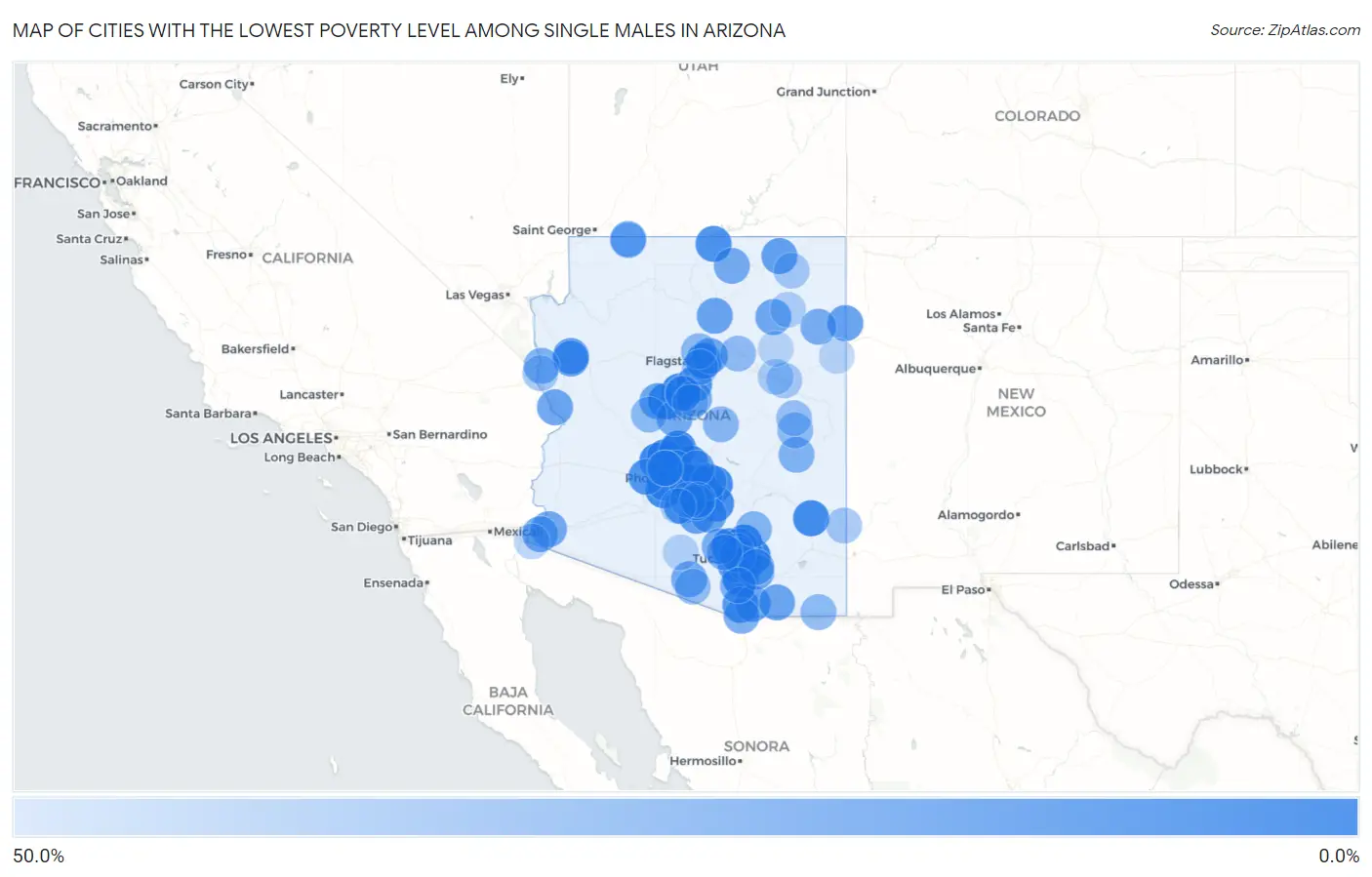 Cities with the Lowest Poverty Level Among Single Males in Arizona Map