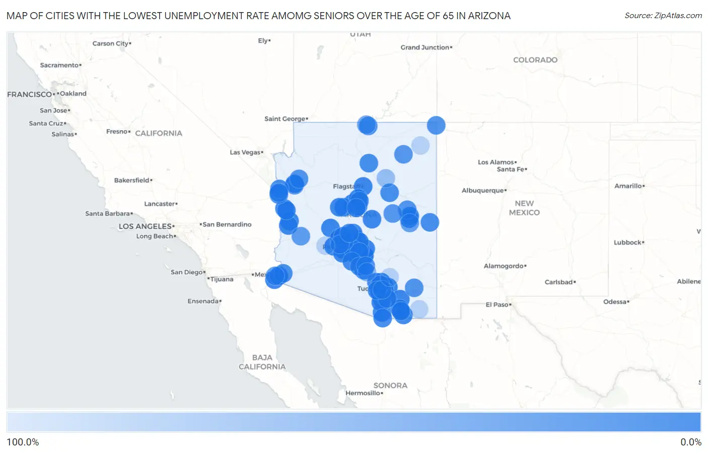 Cities with the Lowest Unemployment Rate Amomg Seniors Over the Age of 65 in Arizona Map