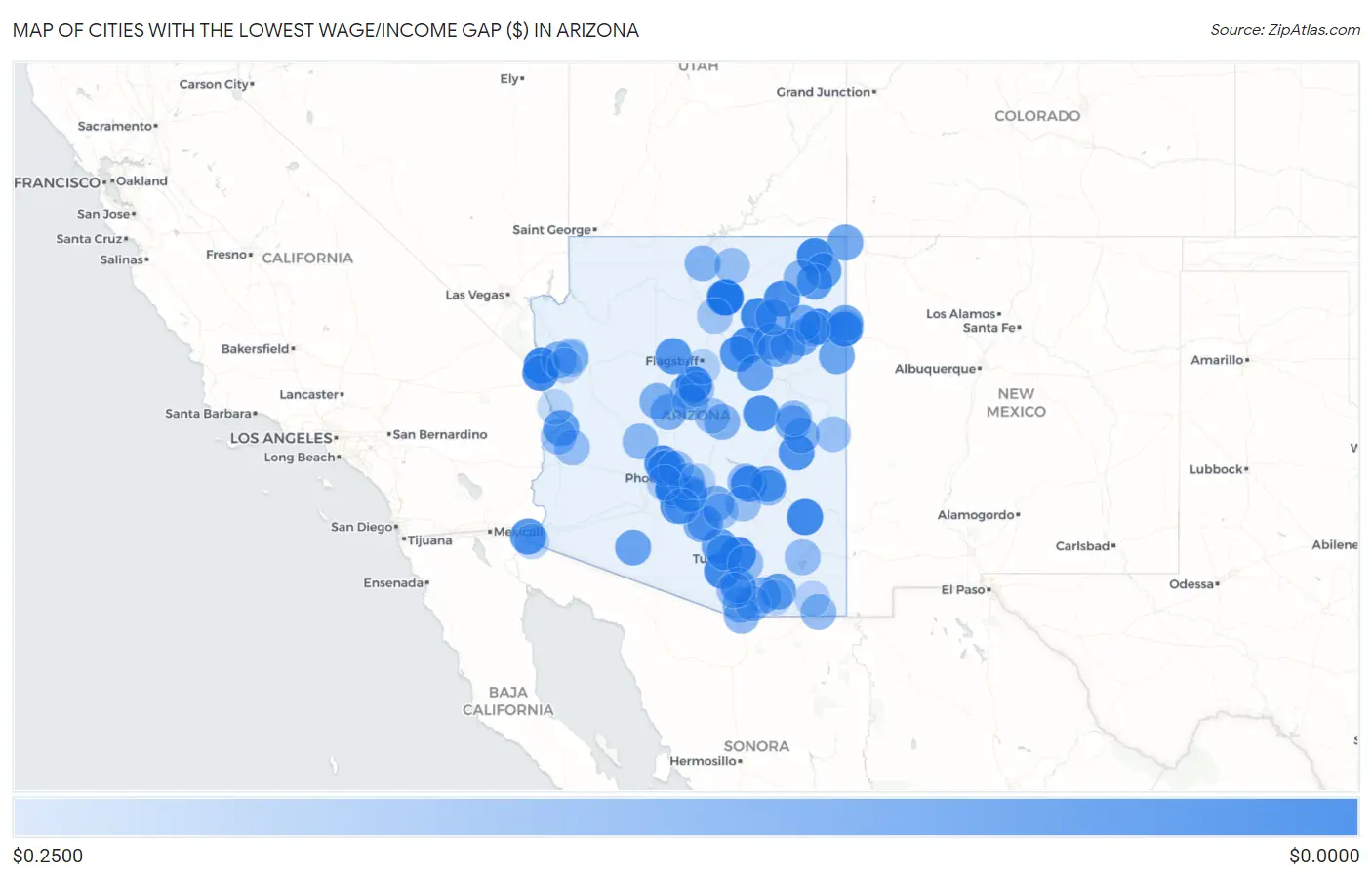Cities with the Lowest Wage/Income Gap ($) in Arizona Map