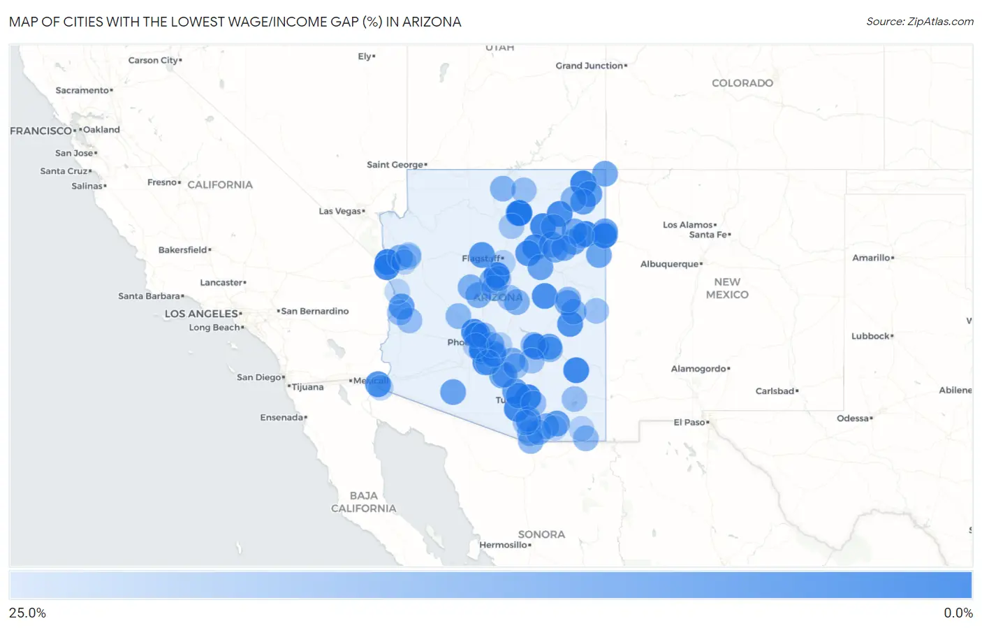 Cities with the Lowest Wage/Income Gap (%) in Arizona Map