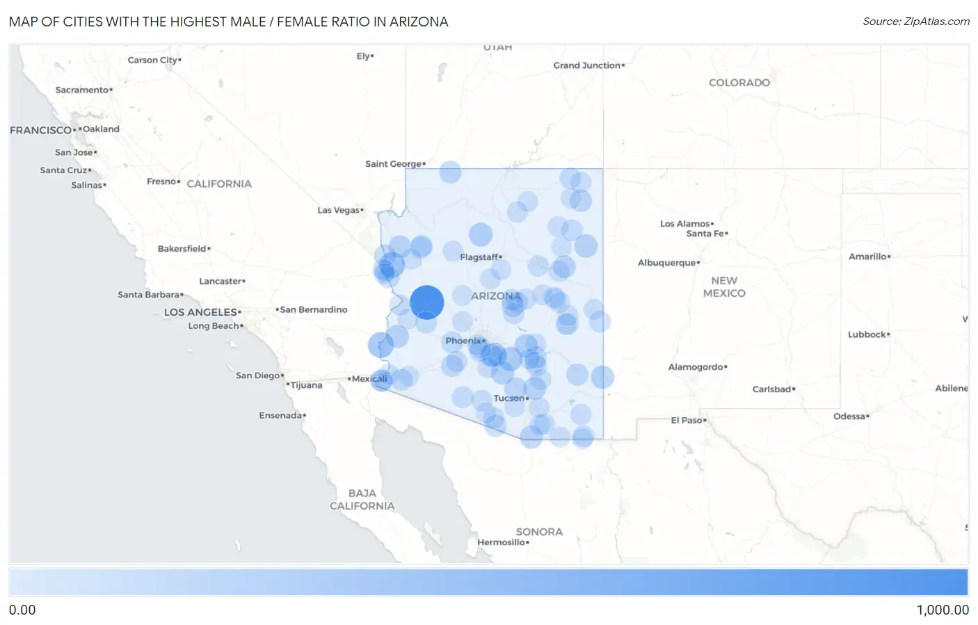 Cities with the Highest Male / Female Ratio in Arizona Map