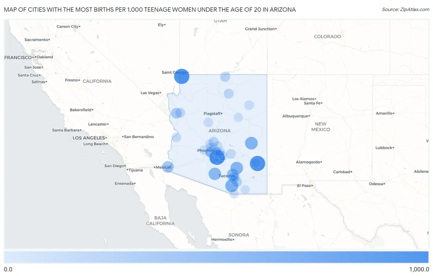 Cities with the Most Births per 1,000 Teenage Women Under the Age of 20 in Arizona Map