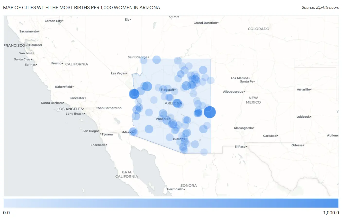 Cities with the Most Births per 1,000 Women in Arizona Map