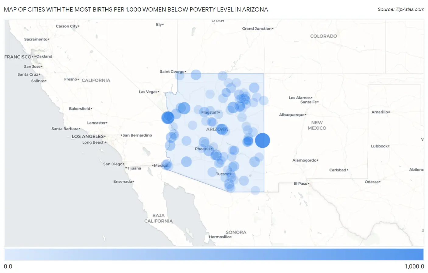 Cities with the Most Births per 1,000 Women Below Poverty Level in Arizona Map