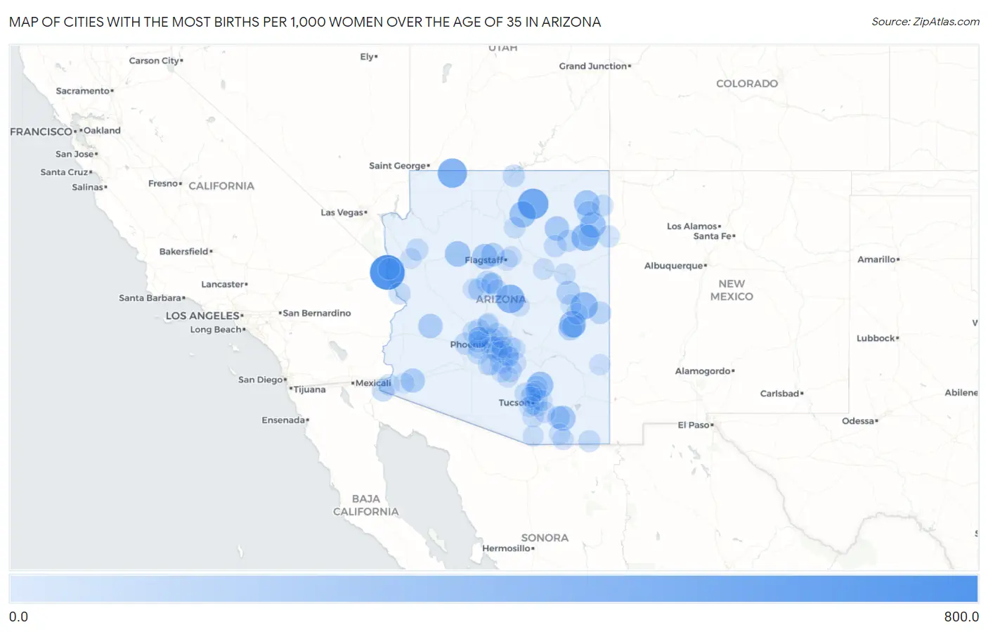 Cities with the Most Births per 1,000 Women Over the Age of 35 in Arizona Map