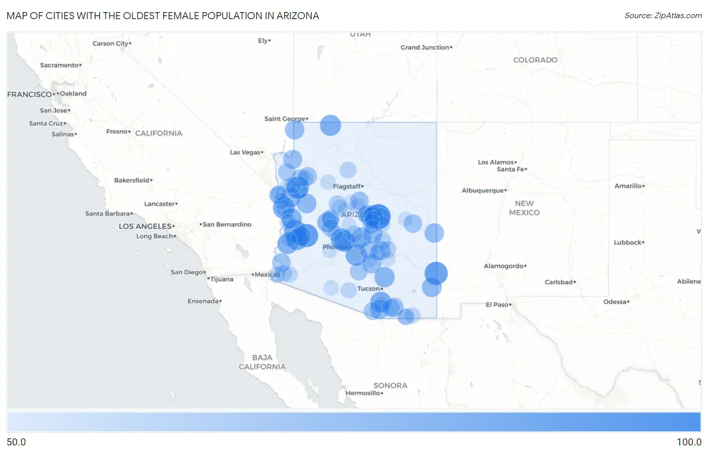 Cities with the Oldest Female Population in Arizona Map