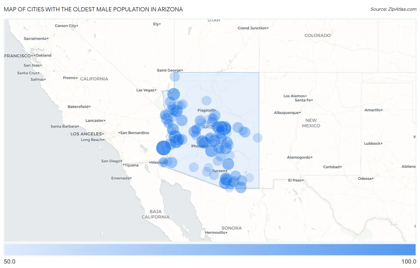 Cities with the Oldest Male Population in Arizona Map