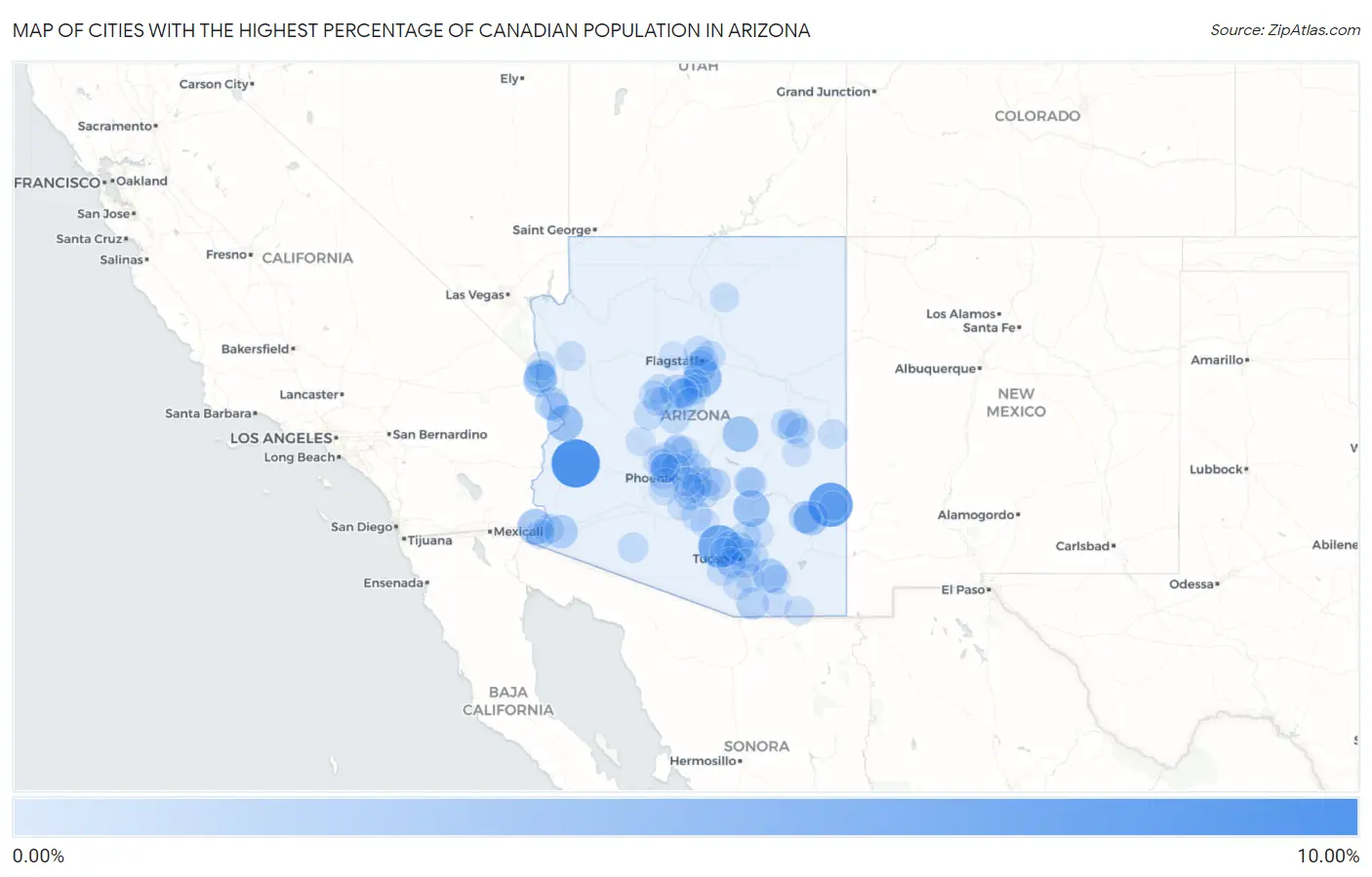 Cities with the Highest Percentage of Canadian Population in Arizona Map