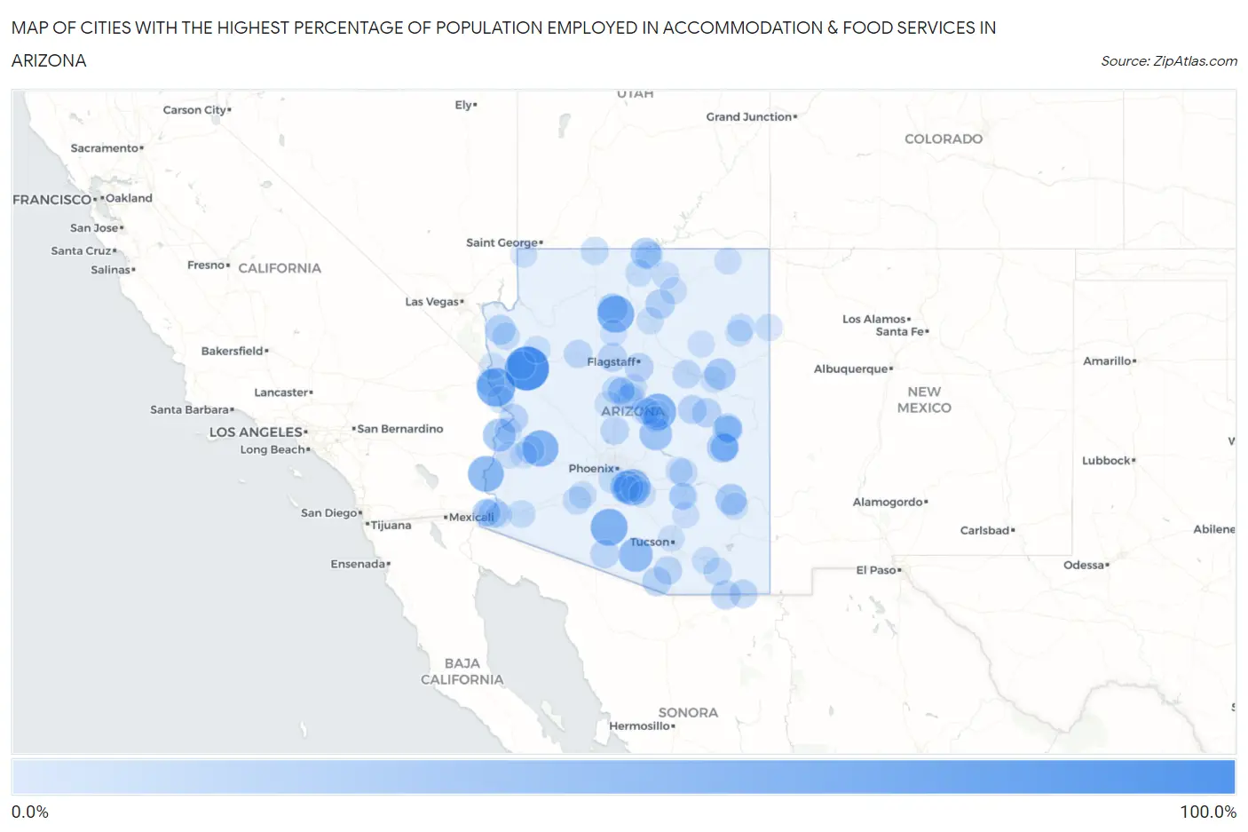 Cities with the Highest Percentage of Population Employed in Accommodation & Food Services in Arizona Map