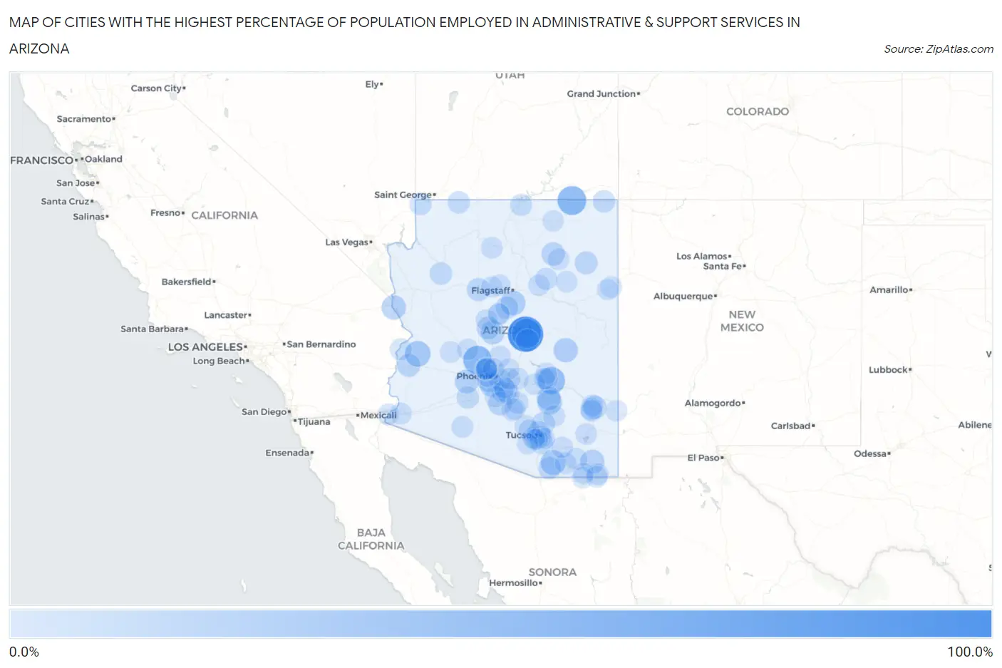 Cities with the Highest Percentage of Population Employed in Administrative & Support Services in Arizona Map