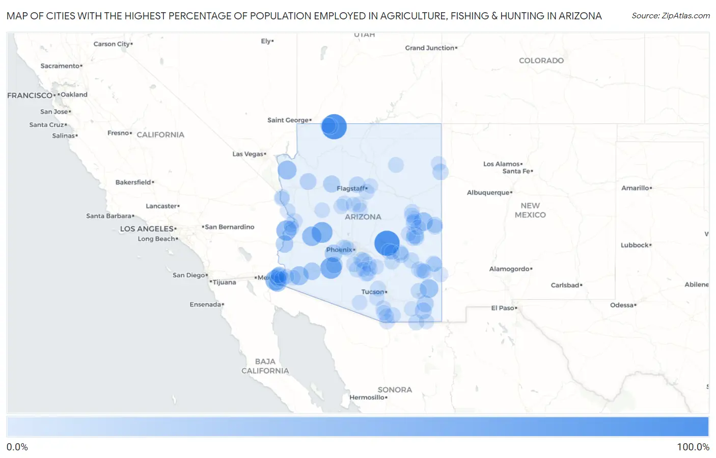 Cities with the Highest Percentage of Population Employed in Agriculture, Fishing & Hunting in Arizona Map