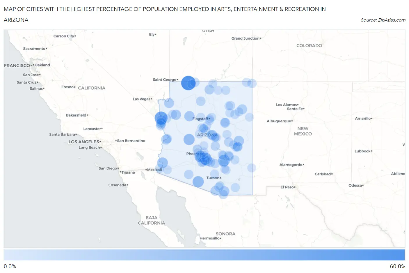 Cities with the Highest Percentage of Population Employed in Arts, Entertainment & Recreation in Arizona Map