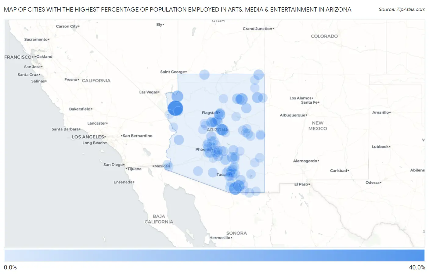 Cities with the Highest Percentage of Population Employed in Arts, Media & Entertainment in Arizona Map